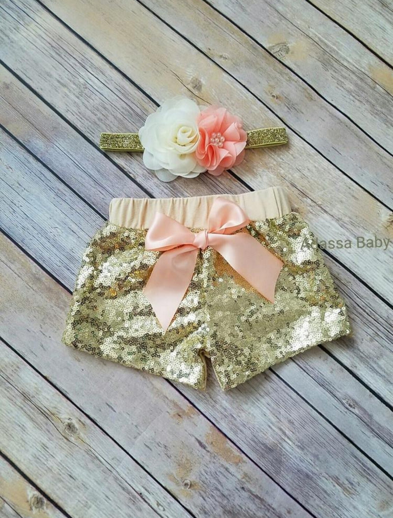 Peach And Gold Sequin Shorts - Adassa Rose