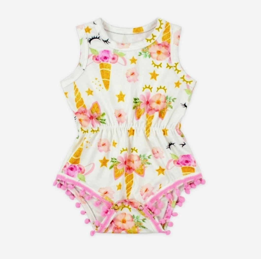 Unicorn Pom Pom Romper Girl - Adassa Rose