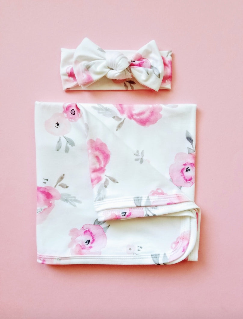 Coco Floral Swaddle Blanket And Headband Set - Adassa Rose