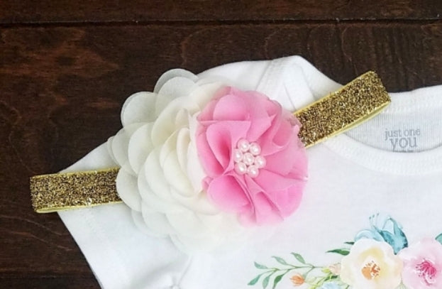 Pink Gold Ivory Flower Headband Newborn Headband Birthday Headband Flower Girl Headband - Adassa Rose