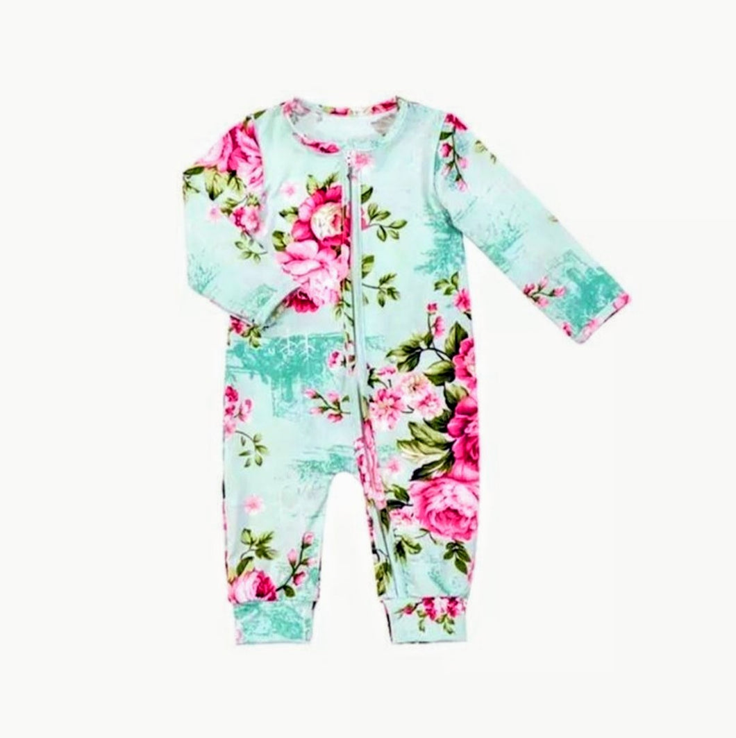 Mint Floral Long Sleeve Baby Girl Zipper Romper - Adassa Rose