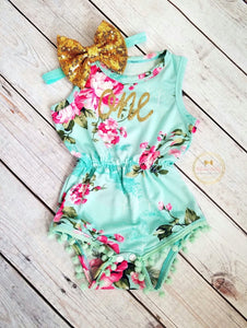 Mint Pink Gold Floral Pom Pom Romper First Birthday Outfit Girl - Adassa Rose