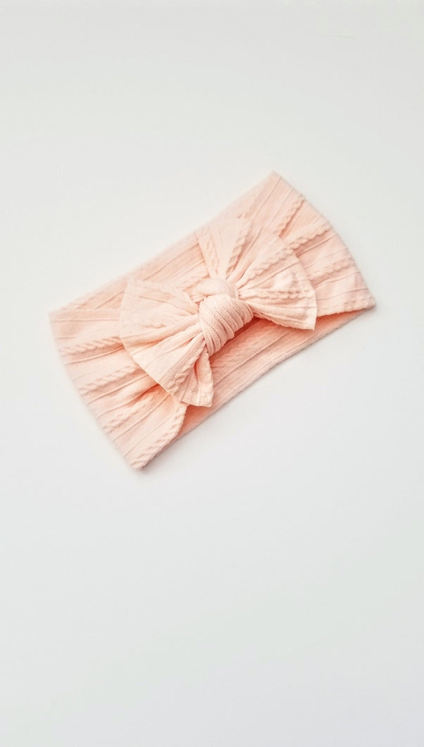 Mia Cable Knit Bow Headwrap | Peach Blossom - Adassa Rose