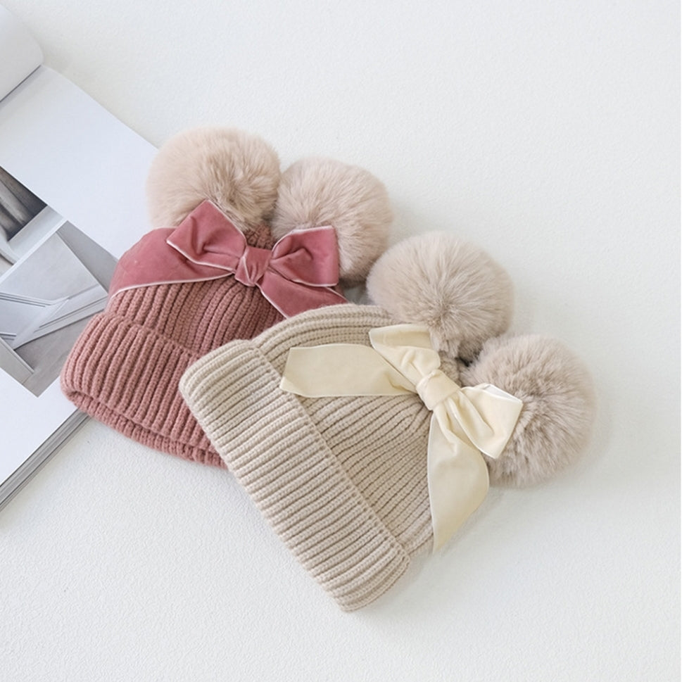 Pom Pom Bow Beanie Hat Baby Girl - Adassa Rose