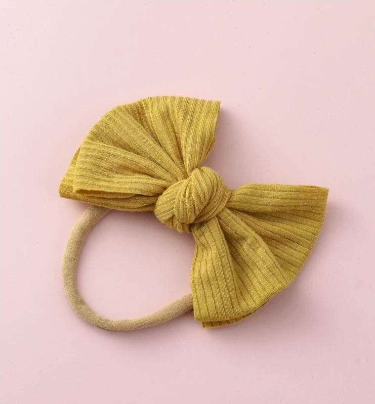 Ribbed Knotted Bow On Nylon Headband | Mustard