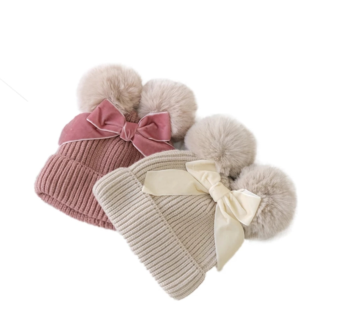 Pom Pom Bow Beanie Hat Baby Girl - Adassa Rose