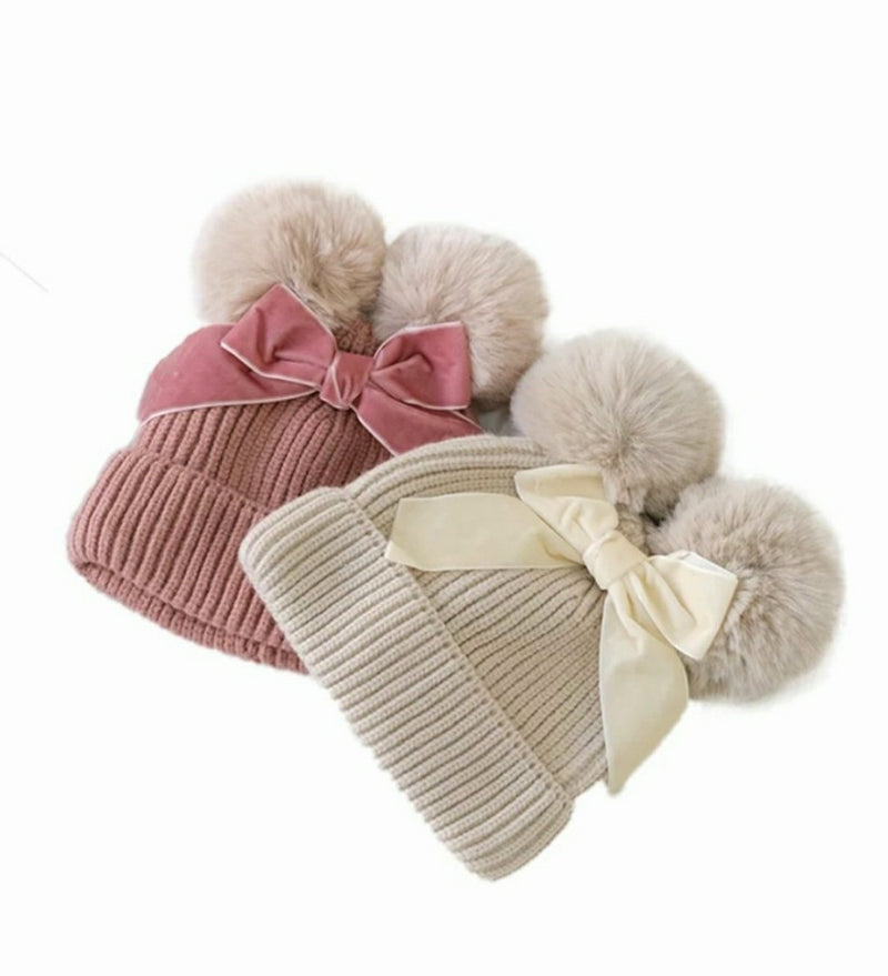 Pom Pom Bow Beanie Hat Baby Girl - Adassa Rose