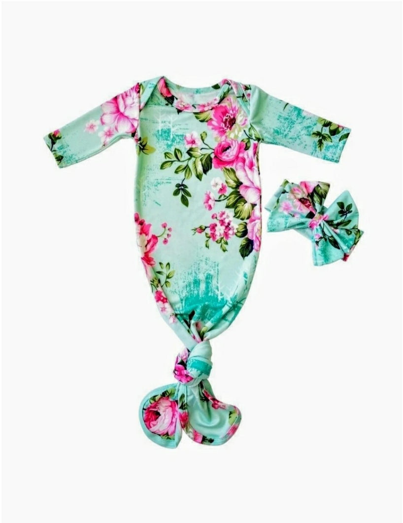 Mint Floral Newborn Knotted Gown Set Coming Home Outfit Girl - Adassa Rose