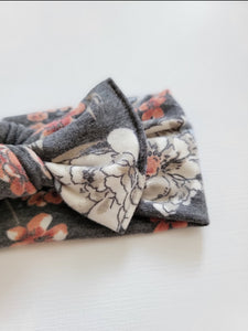 Grey Floral Knot Bow Headband