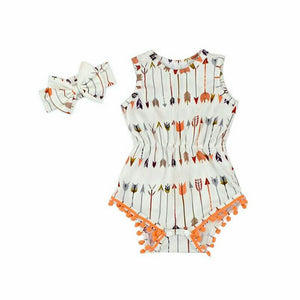 Peach And Cream Pom Pom Romper And Headband Set - Adassa Rose